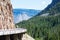 Scenic view of Chittenden viaduct on Grand Loop Road. Golden Gate Canyon surrounded by steep and colorful rocky walls in