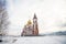 Scenic view of church on hill above Yenisei River, Krasnoyarsk, Russia