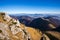 Scenic view of colorful misty mountain hills in fall