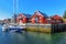 Scenic view of Colorful wooden buildings in Henningsvaer in summer.