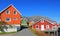 Scenic view of colorful wooden rorbu houses, Henningsvaer, Lofoten Islands, Scandinavia, Norway.