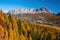 Scenic view on Cortina d'Ampezzo town in mountain valley at sunny autumn day, Dolomite Alps, Italy