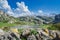 Scenic view of Covadonga Lakes in Asturias, Spain against a cloudy blue sky