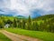 Scenic view of a cuontry road leading to an old village of wooden cabins on the hills of Carpathians. Sunny spring day with green