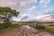 Scenic view of dirt road in tropical landscape with clouds and sky