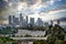 Scenic view of downtown Los Angeles and the dodger stadium on a cloudy day