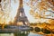 Scenic view of the Eiffel tower and tree branches with first leaves at early morning