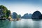 Scenic view of floating fishing village in the Ha Long Bay