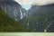 Scenic view on glacier ventisquero calgante with waterfall, chilean patagonia