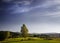 Scenic view at a golf course under a gloomy sky background