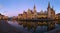 Scenic view of Graslei at dusk, Ghent, Belgium. Look from the Korenlei. Panoramic view