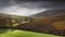 Scenic view of green hills in the Forest of Bowland, Lancashire, England on a cloudy day