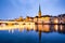 scenic view of historic Zurich city center with famous Fraumunster and Grossmunster Churches and river Limmat at Lake Zurich,