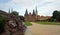 Scenic view of Holsten Gate or Holstentor and statue of a lion in old town, beautiful architecture, Lubeck, Germany