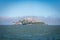 Scenic view of the iconic Alcatraz Island in fog