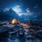 Scenic view of illuminated tent on snowy mountains. Generative Ai