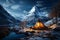 Scenic view of illuminated tent on snowy mountains. Generative Ai