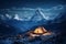 Scenic view of illuminated tent on snowy mountains. Generative Ai