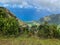 Scenic view of a Kalalau trail in Waimea Canyon, Kauai, Hawaii under a cloudy blue sky