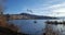 Scenic view of Kastoria town with seagull over the famous Orestiada lake in Greece