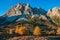 Scenic view of the Lagazuoi mountain in sunlit at autumn morning. Dolomites, Italy