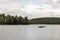 Scenic view of lake and pine tree islands with birds on them in Algonquin provincial national park Ontario Canada