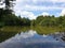 Scenic view of a lake reflecting the surrounding lush trees and blue sky