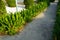 Scenic view of landscaped path with plants and stones in yard. Backyard of residential house. Stone pedestrian sidewalk going into