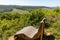 Scenic view from the Lemberg at landscape with  relaxing bench