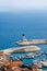 Scenic view on Lustica Bay, Montenegro. Coastline port with a lighthouse