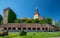 Scenic view Lutheran fortified church and evangelical cemetery in Cristian, Brasov County, Romania