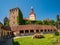 Scenic view Lutheran fortified church and evangelical cemetery in Cristian, Brasov County, Romania