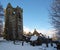 a scenic view of the medieval ruined church in the village of heptonstall west yorkshire covered in snow with surrounding graves