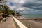 Scenic view of the MIches bay in the Dominican Republic; green sea, boats, clouds