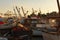 Scenic view of the moored fishing boats in harbor of Koper. Mooring of the small fishing vessel at the dock