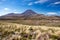 Scenic view on Mount Doom Mount Ngauruhoe over tussock grass desolation land in Tongariro Nation Park