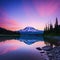 Scenic view of Mount Rainier reflected across the reflection Pink sunset light on Mount Rainier in the Cascade