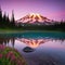 Scenic view of Mount Rainier reflected across the reflection Pink sunset light on Mount Rainier in the Cascade
