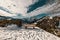 Scenic view of mountain Hohes Brett covered by snow under dramatic blue sky