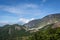 A scenic view of mountain Papandayan with clear blue sky. The view of Tebing Soni and Papandayan Crater. Papandayan Mountain is