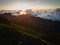 Scenic view of mountain peaks in the clouds in Pico Ruivo train in Madeira Island, Portugal