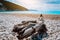 Scenic view of Myrtos beach at sunny summer day. Beautiful mediterranean landscape on Kefalonia island, Greece. Snag on the