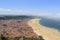 Scenic view of Nazare beach from the funicular. Coastline of Atlantic ocean. Portuguese seaside town on Silver coast. White houses