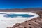 Scenic view of an oasis with turquoise water lagoon in the Atacama desert, Chile