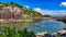 Scenic view of Omkareshwar Jyotirlinga Temple on the banks of Narmada river in Madhyapradesh, India