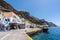 Scenic view of the picturesque port of Fira, the main town of Santorini Island, Greece