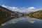 Scenic view of the Pinhao village with terraced vineyards and the Douro River and the Douro Valley, in Portugal