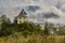 Scenic view of a restaurant building above skywalk near Halstatt village in Austria.