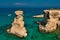 Scenic view of the rocky cliffs of St. Andrew on the coast of Salento, in Apulia Italy.