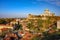 Scenic view of royal castle, famous basilica and city center of Esztergom, Hungary at sunny autumn day